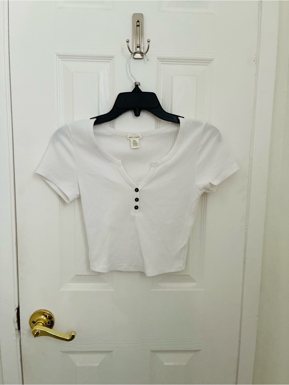 White Ribbed Short-Sleeve Henley Crop Top